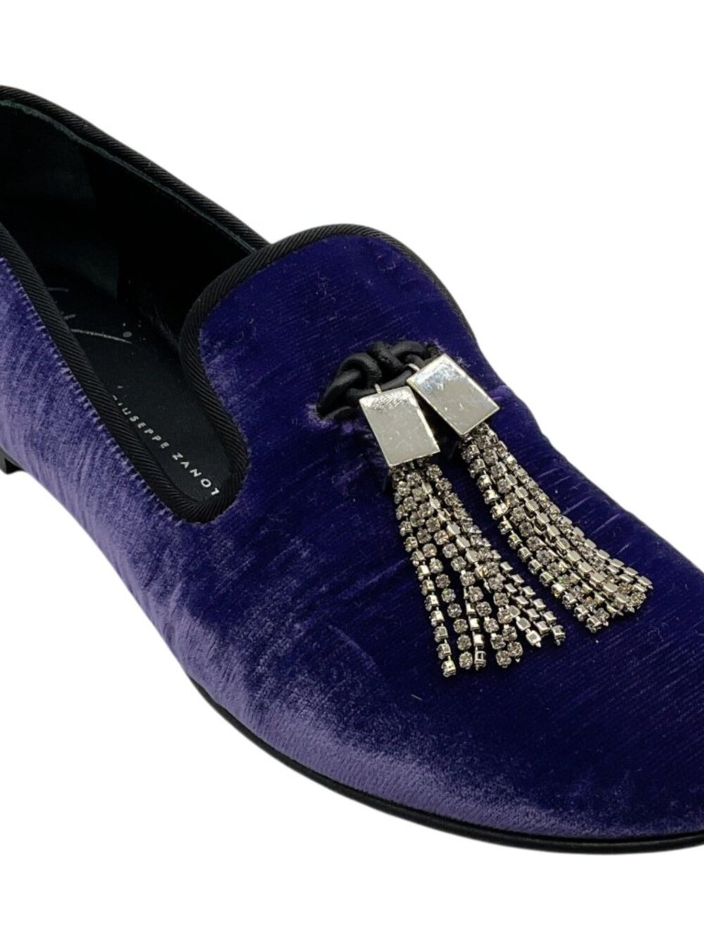 Giuseppe Zanotti Purple Crushed Velvet Smoking Slippers with Crystal Tassels